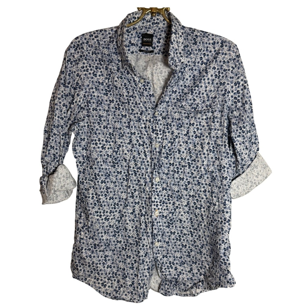 BOSS Hugo Boss Mens Regular Fit Blue White Abstract Circle Button Front Shirt M